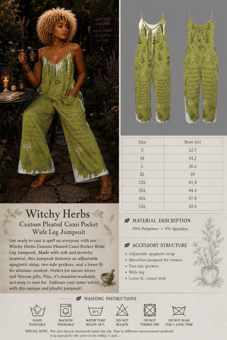 May include: A wide-leg jumpsuit in olive green featuring a botanical print with herbs and text. The garment includes adjustable spaghetti straps, two side pockets, and a loose fit. A size chart displays bust measurements in inches from 32.7 to 50.4.