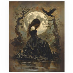 May include: A woman in a black dress sits by a body of water under a full moon.  She is surrounded by trees and crows.