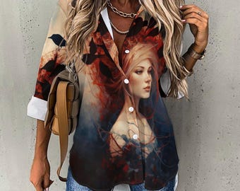 Vestido de noche de franela con cuello en V y botones, estampado de mujer y cuervos - Ropa gótica