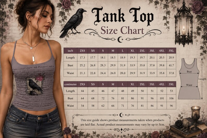 May include: A grey tank top size chart featuring a raven illustration, text reading Tank Top Size Chart, and a table with measurements in inches and centimetres for sizes 2XS to 5XL, alongside a diagram showing bust and waist measurement points.