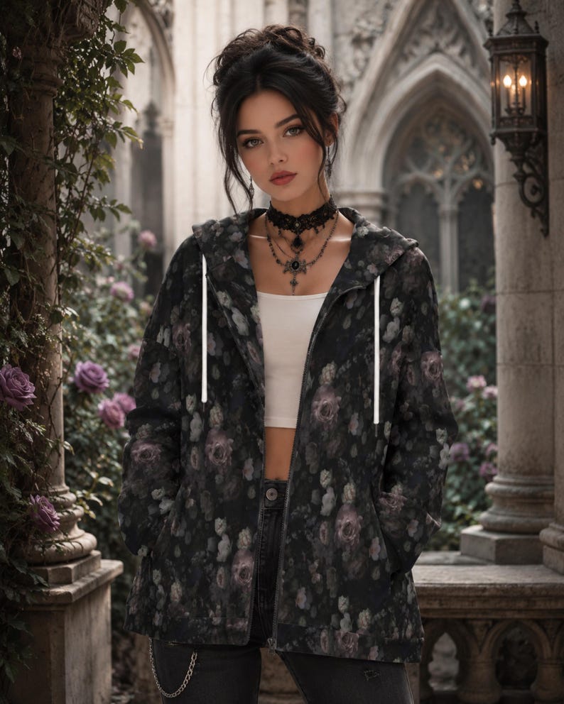 May include: A black zip-up hoodie featuring a dark floral pattern with muted purple and grey roses. The hoodie includes a hood with white drawstrings, long sleeves, and two front pockets. It is worn over a plain white crop top and dark jeans.