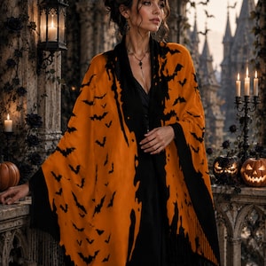 May include: A vibrant orange shawl featuring a repeating black bat pattern and solid black borders. The garment is finished with black fringe along the bottom edges, providing a distinct contrast against the bright orange fabric base.