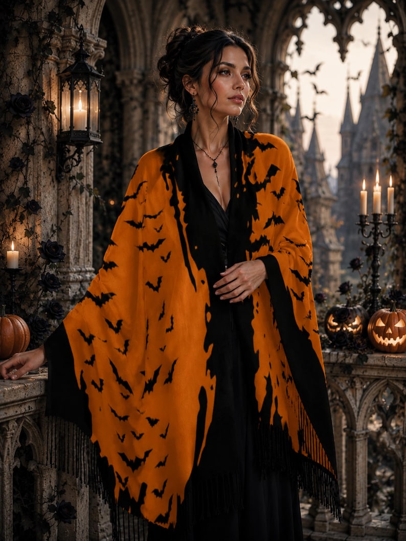 May include: A vibrant orange shawl featuring a repeating black bat pattern and solid black borders. The garment is finished with black fringe along the bottom edges, providing a distinct contrast against the bright orange fabric base.