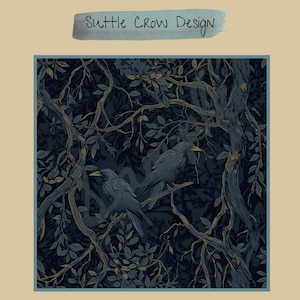 May include: A square graphic print featuring the text Suttle Crow Design at the top. The illustration depicts two dark blue crows perched on gnarled, twisting tree branches amidst a dense forest of dark blue and muted gold leaves and foliage.