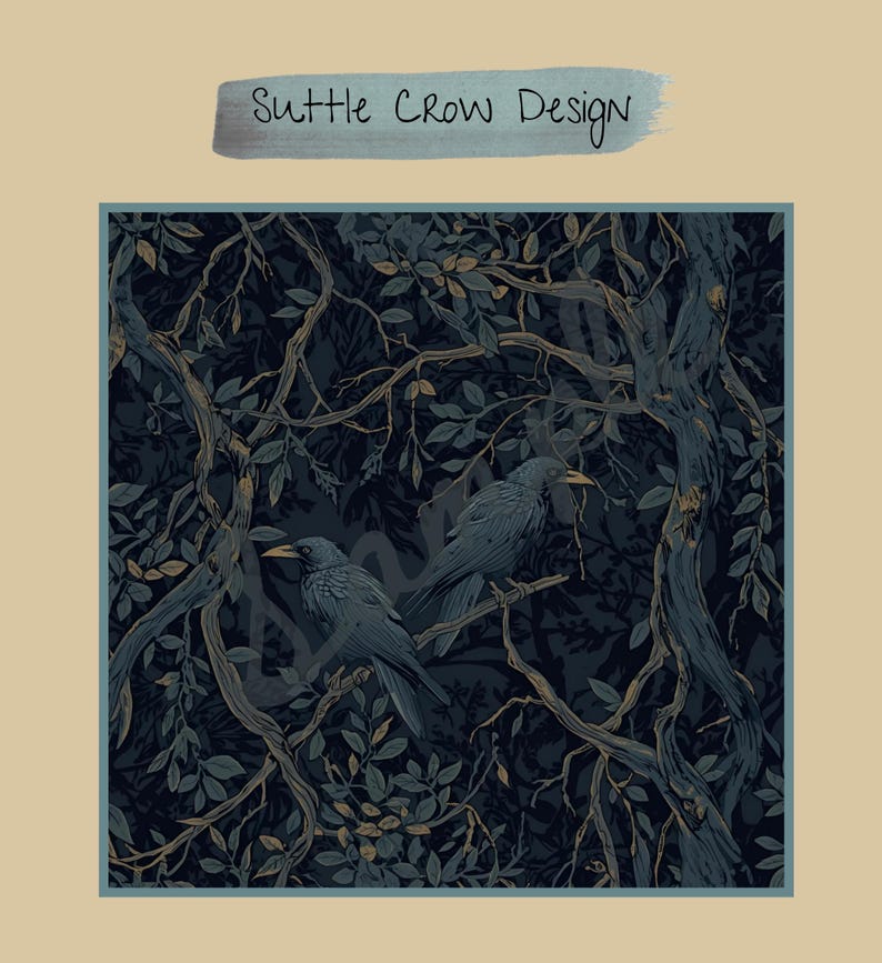 May include: A square graphic print featuring the text Suttle Crow Design at the top. The illustration depicts two dark blue crows perched on gnarled, twisting tree branches amidst a dense forest of dark blue and muted gold leaves and foliage.