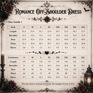 May include: A size guide chart for a Romance Off-Shoulder Dress, featuring tables with measurements in inches and centimeters for sizes S through 5XL. The chart includes rows for length, shoulder, bust, waist, and sleeve, with decorative rose and candle graphics.