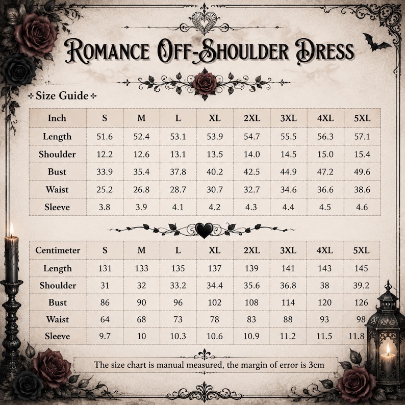 May include: A size guide chart for a Romance Off-Shoulder Dress, featuring tables with measurements in inches and centimeters for sizes S through 5XL. The chart includes rows for length, shoulder, bust, waist, and sleeve, with decorative rose and candle graphics.