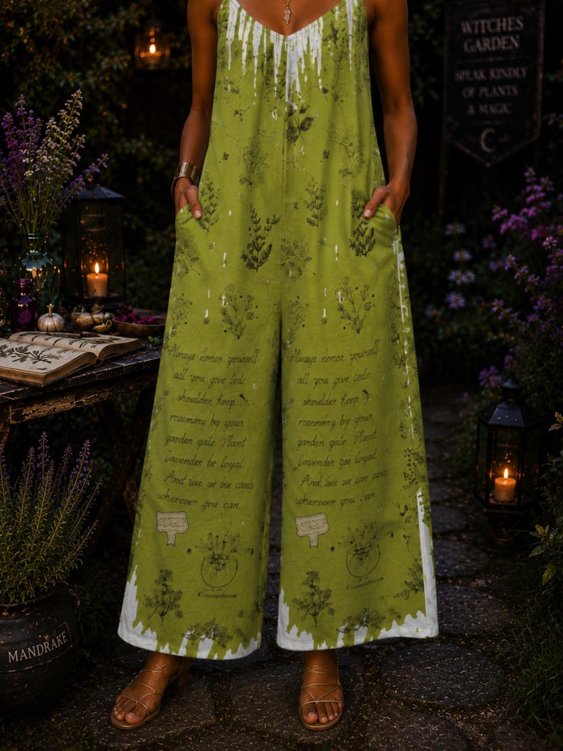 May include: A sleeveless olive green jumpsuit featuring a white drip-effect pattern at the neckline and hem. The fabric is printed with botanical illustrations and text that reads, Always honor yourself, all you give lets shoulder keep rosemary by your garden gate. Plant lavender be loyal. And live as one can wherever you can.