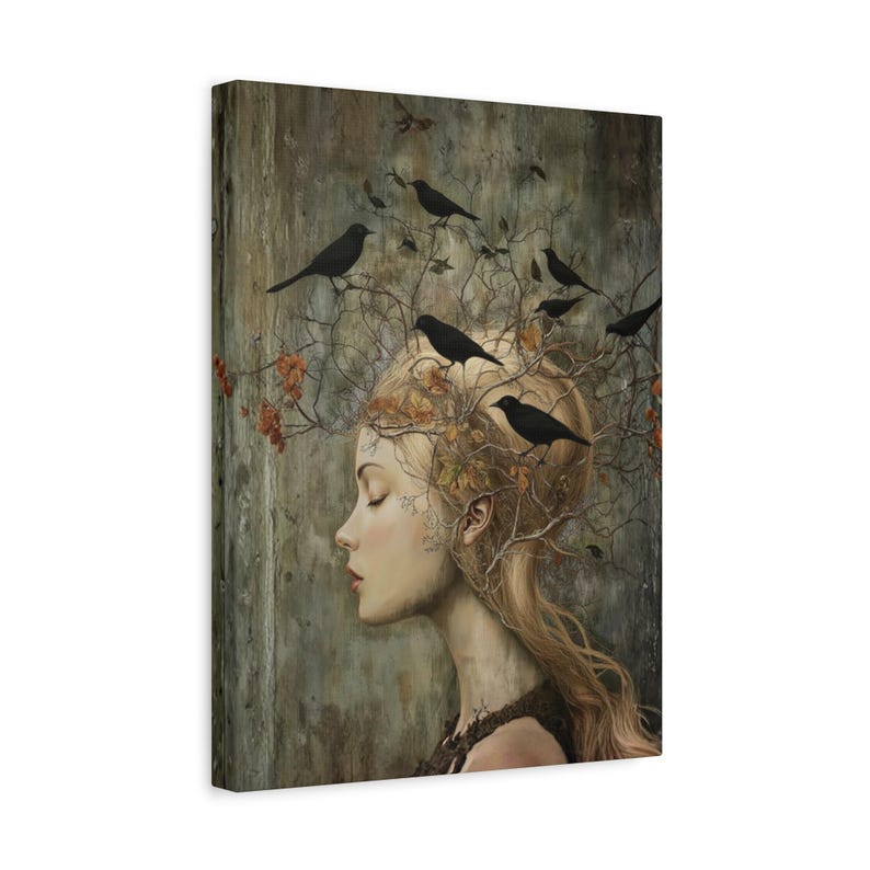 Witchy Wall Art Idea for Entryway Crow Woman Canvas Whimsical Raven Art Giftforher Gothic Wall Decor for Bedroom Pagan Mystical Feminine Art image 13