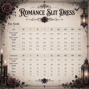 May include: A size guide chart for a Romance Slit Dress, featuring columns for sizes XS through 5XL. The table displays measurements in inches and centimeters for front center length, back center length, bust, waist, and hip, framed by roses.