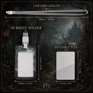 Puede incluir: Un cord&oacute;n gris de 48 cm de largo y un porta credenciales de 11 cm por 6,8 cm. El porta credenciales est&aacute; dise&ntilde;ado para una tarjeta de 8,7 cm por 5,1 cm. Las medidas exactas en cent&iacute;metros se muestran claramente junto a cada componente del producto.