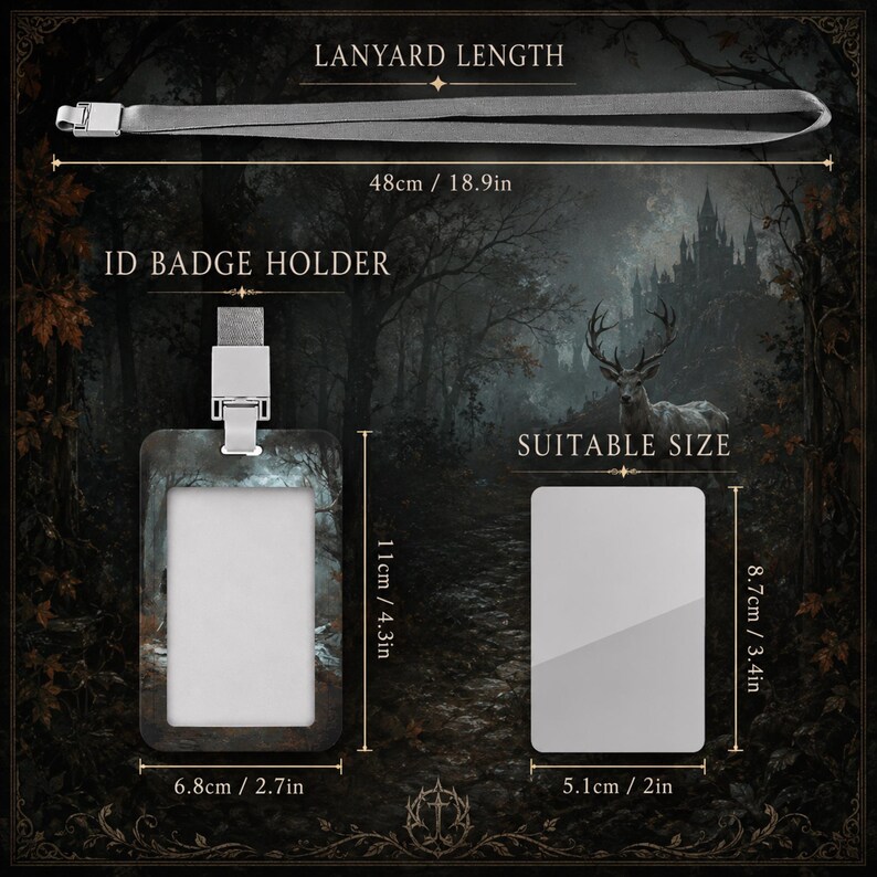 Puede incluir: Un cord&oacute;n gris de 48 cm de largo y un porta credenciales de 11 cm por 6,8 cm. El porta credenciales est&aacute; dise&ntilde;ado para una tarjeta de 8,7 cm por 5,1 cm. Las medidas exactas en cent&iacute;metros se muestran claramente junto a cada componente del producto.
