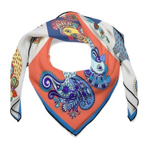 Retro Chicken Print Scarf: Bohemian Wild Rag - Multicolored Polyester Spandex Blend