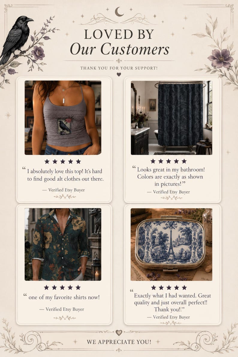 May include: A customer review graphic titled LOVED BY Our Customers featuring four product images: a grey tank top with a raven graphic, a dark patterned shower curtain, a floral button-down shirt, and a blue and white toile print metal tin.
