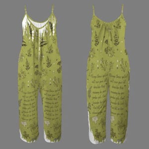 May include: A sleeveless olive green jumpsuit featuring a repeating pattern of dark brown botanical illustrations, including sprigs of lavender and herbs, interspersed with cursive script text that reads Always throw spilled salt over your left shoulder.