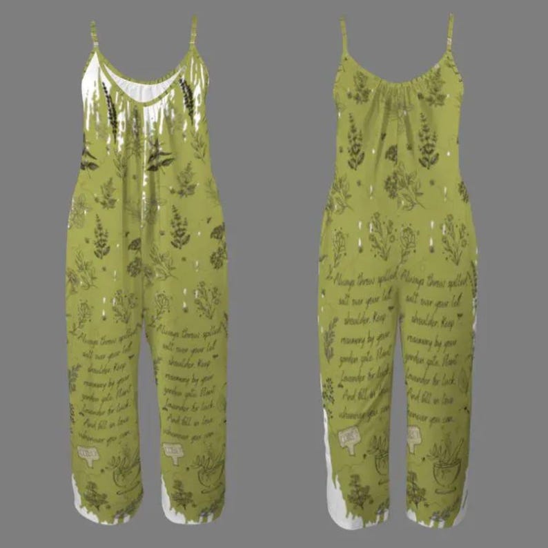 May include: A sleeveless olive green jumpsuit featuring a repeating pattern of dark brown botanical illustrations, including sprigs of lavender and herbs, interspersed with cursive script text that reads Always throw spilled salt over your left shoulder.