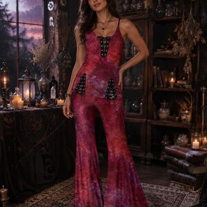 Boho Tie Dye Wide Leg Palazzo Pants Festival Outfit Witchy Clothes Vaporwave Rave Outfit High-Waisted Hippy Fashion 70s Bohemian Crop Top 画像 9