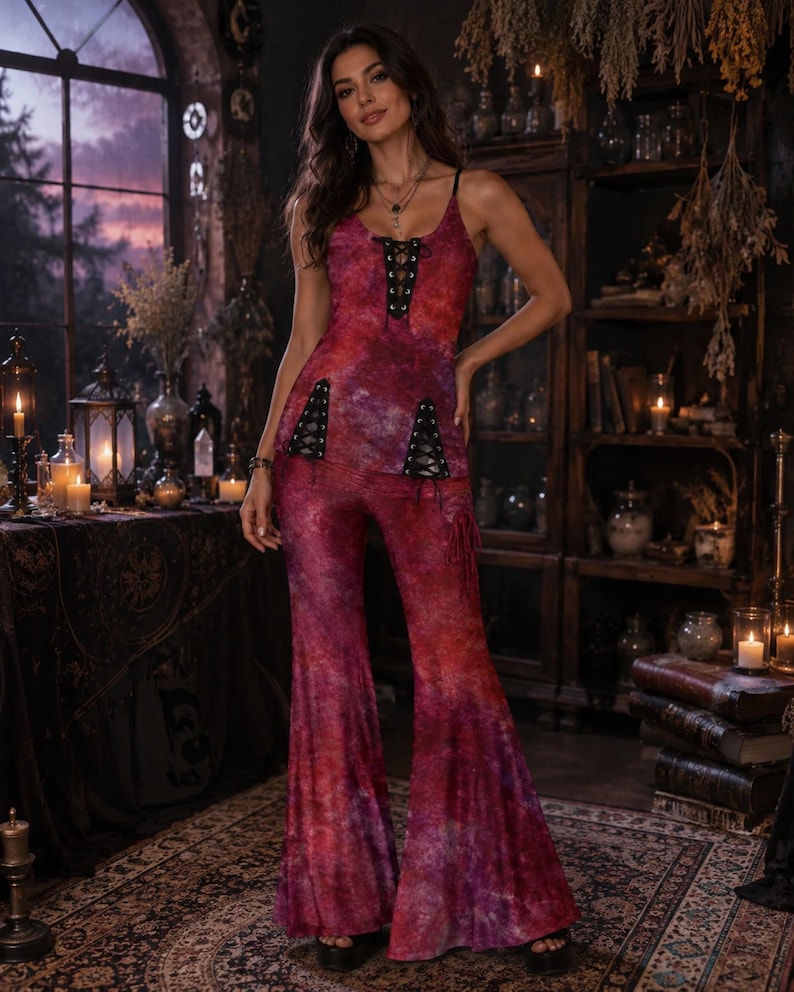 Boho Tie Dye Wide Leg Palazzo Pants Festival Outfit Witchy Clothes Vaporwave Rave Outfit High-Waisted Hippy Fashion 70s Bohemian Crop Top 画像 9