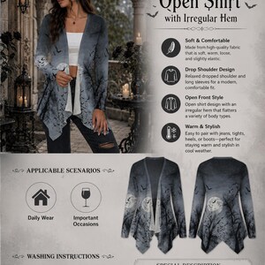 May include: A long-sleeved open-front shirt featuring a dark gray gradient print of a full moon, bare trees, and flying bats. The garment has a drop shoulder design and an irregular hemline, shown from both front and back views in this display.