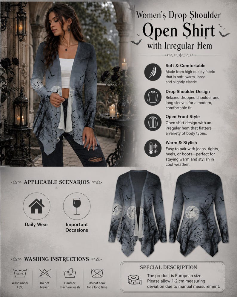 May include: A long-sleeved open-front shirt featuring a dark gray gradient print of a full moon, bare trees, and flying bats. The garment has a drop shoulder design and an irregular hemline, shown from both front and back views in this display.