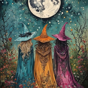 May include: Three witches in colorful cloaks and pointed hats stand in a field of flowers, looking up at a full moon and crescent moon in a starry night sky.