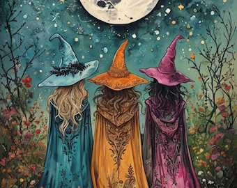 Boho Witches Autumn Forest Art Print: Moonlit Sisterhood (PDF Download)