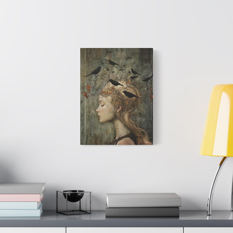 Witchy Wall Art Idea for Entryway Crow Woman Canvas Whimsical Raven Art Giftforher Gothic Wall Decor for Bedroom Pagan Mystical Feminine Art image 14