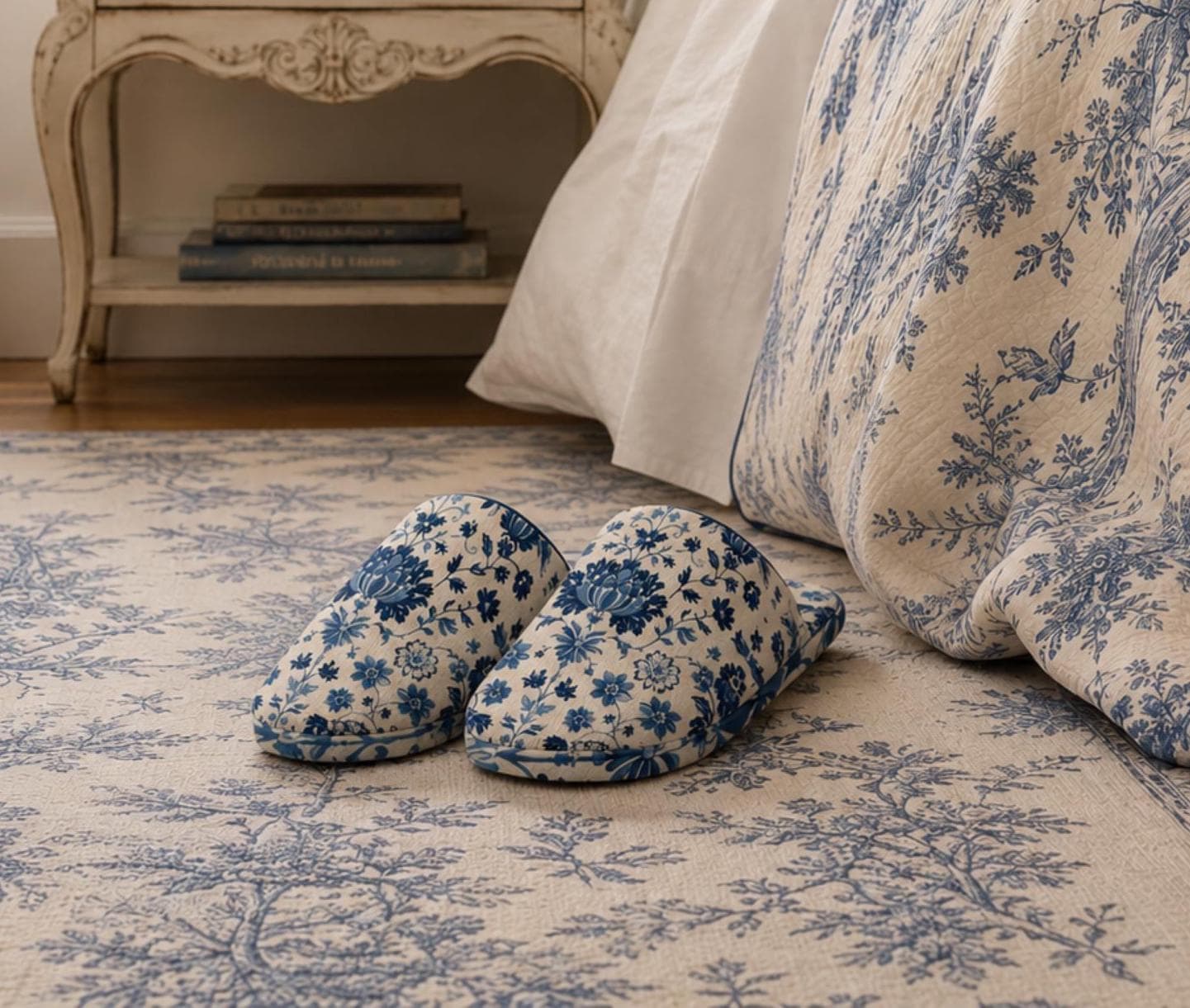 Cottagecore Blue Toile Flannel Slipper Chinoiserie Cotton Bridesmaid…
