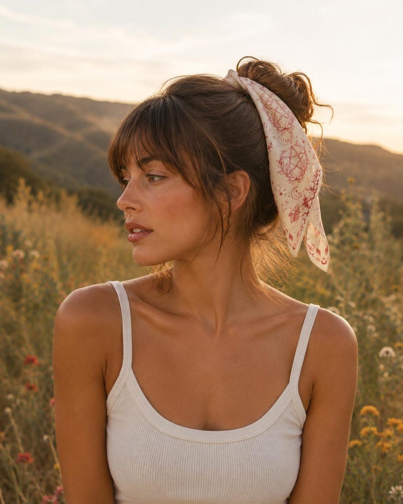 May include: A square hair scarf featuring a cream-colored base with a repeating red print of celestial symbols, including a pentagram, crescent moons, and stars, tied around a high bun hairstyle with loose bangs framing the face.