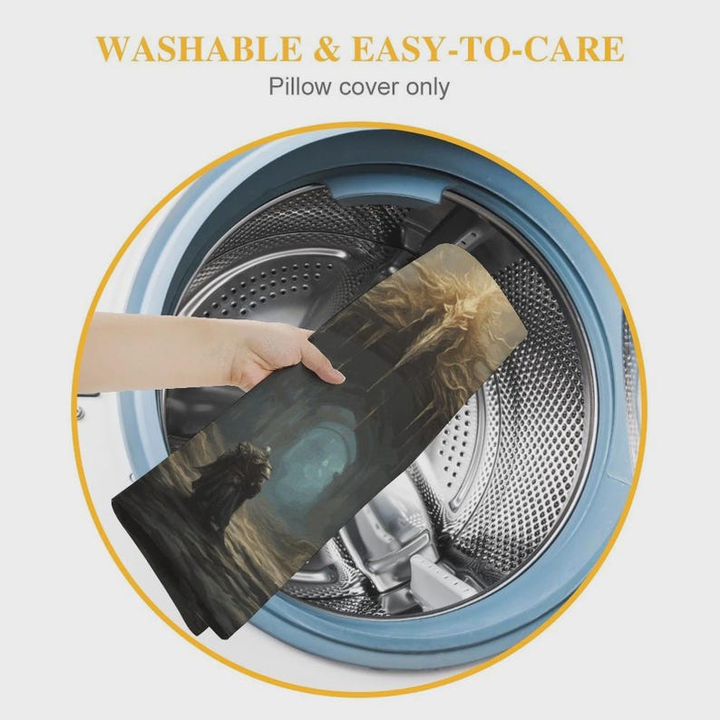 May include: A rectangular pillow cover featuring a dark fantasy illustration of a cloaked figure in a cavernous landscape, placed inside a washing machine drum. The text WASHABLE & EASY-TO-CARE and Pillow cover only are printed above the image.