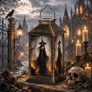 May include: A rectangular lantern with a distressed gold finish and a metal handle. The glass panels feature a printed image of a figure in a black gown and pointed hat. The lantern is surrounded by lit candles, a human skull, and dark roses.