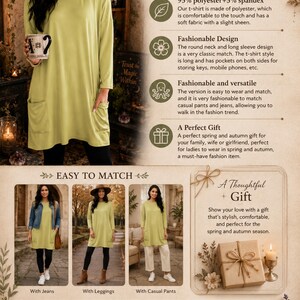Autumn Casual Shirt Dress Gift Idea for Mom Comfort Minimalist Style Relaxed Fit Dress with Pockets Fall Casual Boho Tee Dress Long Sleeve image 3