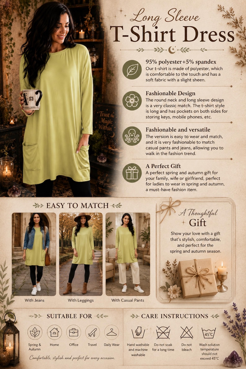 Autumn Casual Shirt Dress Gift Idea for Mom Comfort Minimalist Style Relaxed Fit Dress with Pockets Fall Casual Boho Tee Dress Long Sleeve image 3