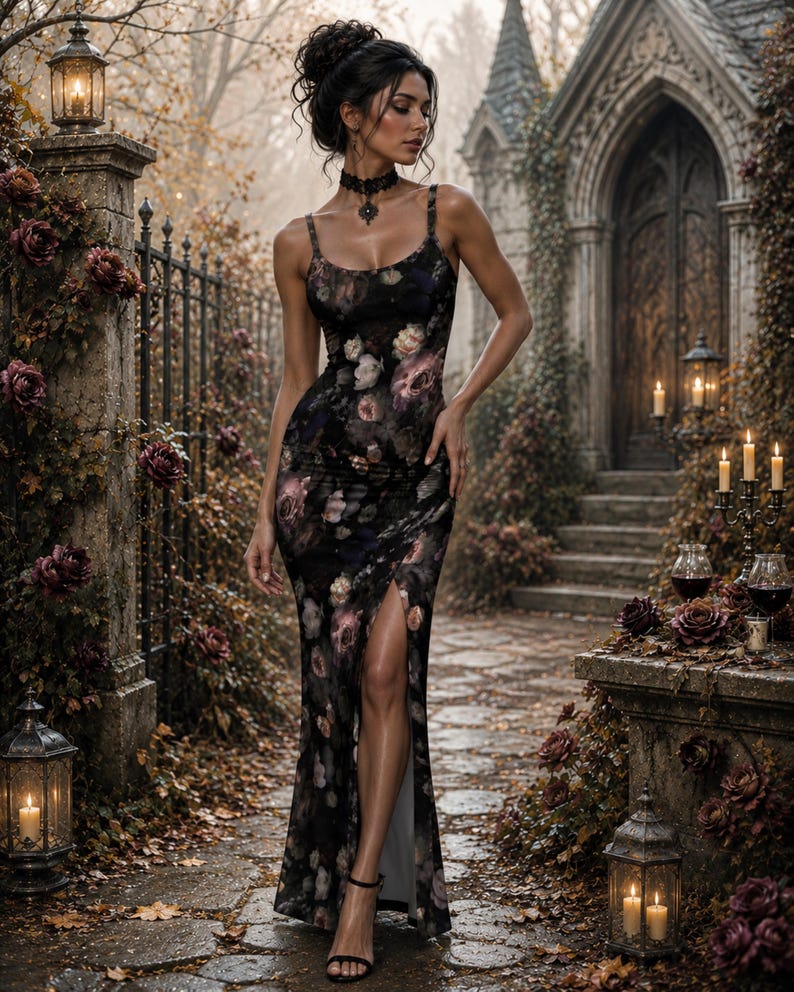 May include: A floor-length black dress featuring a dark floral print with muted pink and white blossoms, a scoop neckline, thin shoulder straps, and a high side slit that extends from the thigh to the hem, paired with a black lace choker necklace.