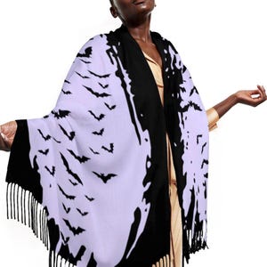 Lavender Bat Scarf: Gothic Tassel Shawl, Witchy Fall Fashion