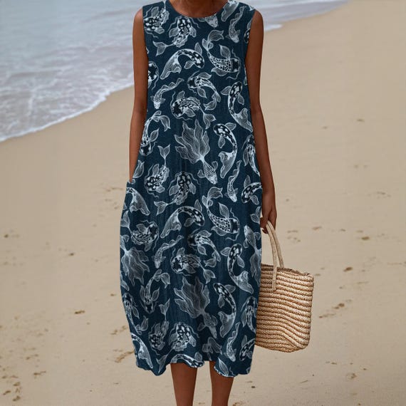 knee length dresses for ladies Personalized Japanese Koi Fish Tank Maxi Dress with Polynesian Pattern main image 1