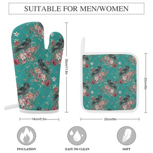 May include: A teal oven mitt and square pot holder set featuring a black crow and floral pattern. The mitt measures 11.8 inches by 5.5 inches, and the pot holder measures 8 inches by 8 inches. Icons indicate insulation, easy cleaning, and soft texture.