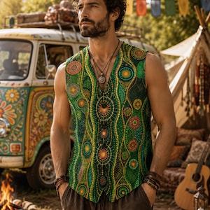 May include: A sleeveless waistcoat featuring a vibrant green base with intricate, multicoloured circular patterns and wavy lines. The garment has a V-neckline and a button-front closure, showcasing a detailed dot-art style design throughout the fabric.