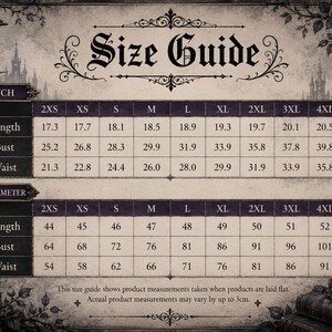 May include: A gothic-themed size guide chart featuring a black raven, roses, and a candle. The table displays garment measurements in inches and centimeters for sizes 2XS through 5XL, including length, bust, and waist dimensions for clothing items.