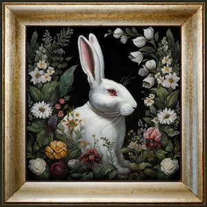 White Rabbit and Flowers,Dark Cottagecore Art,Gothic Floral Print,Goth Wall Art, Witchy Aesthetic Whimsigoth Decor, Wiccan Gift, Bunny print