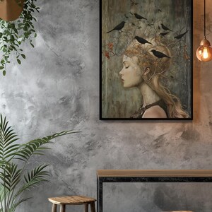 Witchy Wall Art Idea for Entryway Crow Woman Canvas Whimsical Raven Art Giftforher Gothic Wall Decor for Bedroom Pagan Mystical Feminine Art image 9