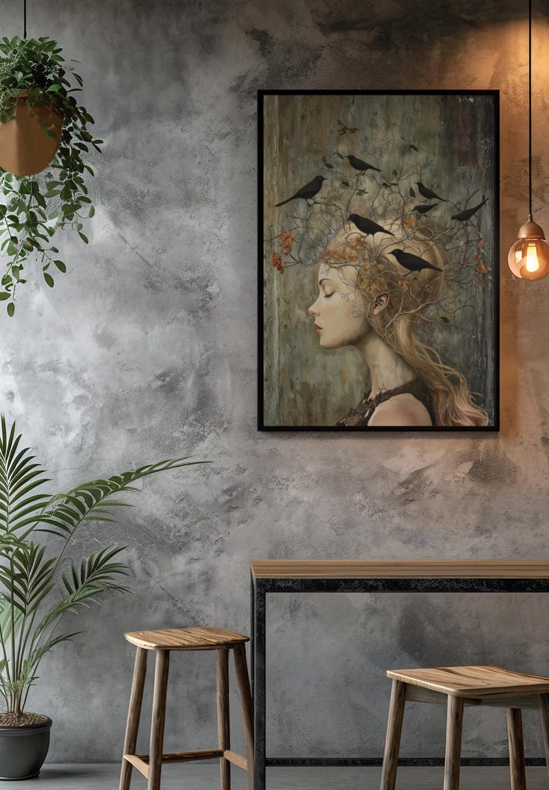 Witchy Wall Art Idea for Entryway Crow Woman Canvas Whimsical Raven Art Giftforher Gothic Wall Decor for Bedroom Pagan Mystical Feminine Art image 9
