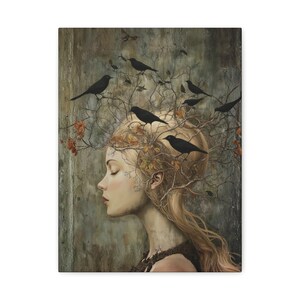 Witchy Wall Art Idea for Entryway Crow Woman Canvas Whimsical Raven Art Giftforher Gothic Wall Decor for Bedroom Pagan Mystical Feminine Art image 10