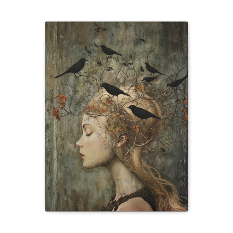 Witchy Wall Art Idea for Entryway Crow Woman Canvas Whimsical Raven Art Giftforher Gothic Wall Decor for Bedroom Pagan Mystical Feminine Art image 10