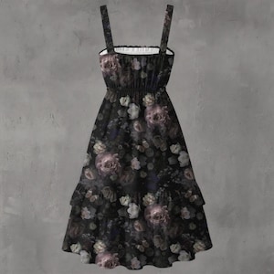 May include: A black midi dress featuring a dark floral print with shades of purple, grey, and white roses. The dress has a square neckline, thick shoulder straps, a gathered elastic bodice, and a tiered skirt with a ruffled hemline finish.
