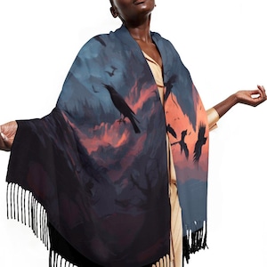 Bufanda suave con borlas de Crepúsculo y el asesinato de los cuervos, ropa gótica, ropa gótica de cuervo, bufanda de Halloween, regalo para amantes de los pájaros, bufanda de moda de brujas