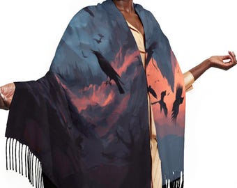 Raven Scarf Shawl with Fringes, Gothic Bird Art Wrap