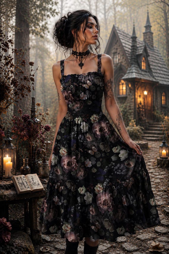 Dark Romance Floral Dress for Holidays Wuthering Heights Style Dress Idea for Fortune Teller Halloween Party Gothic Clothing for Ren Faire