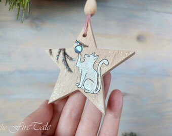 Hand painted wood burned wooden Christmas ornament, Personalized, Star shaped, Cat, Kitty, Sparkling