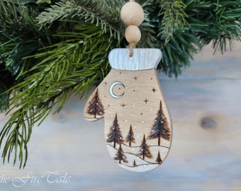 Hand painted wood burned wooden Christmas ornament, Personalized, Pines, Snow, Stars, Moon, Glove shaped